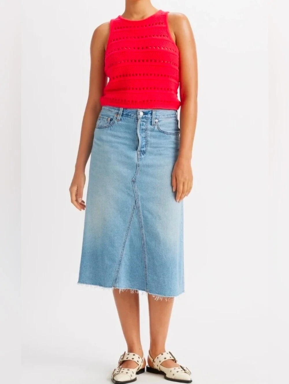 NWT Levi's High-Rise Light Wash A-Line Denim Midi Skirt | Deconstructed Raw Hem - Picture 2 of 11